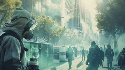 Vision of a future city grappling with toxic air, featuring citizens in protective gear against a backdrop of high-tech purifiers - obrazy, fototapety, plakaty