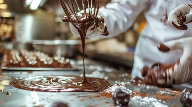 A baker or chocolatier making chocolate bonbons is seen below, whisking melted chocolate and drizzling it onto the counter.