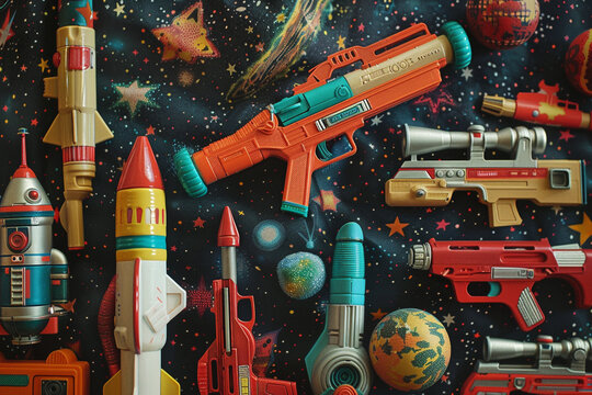 Vintage toy set with laser guns and space gear, arrayed against a backdrop of distant galaxies