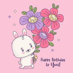 Cute bunny with bouquet of flowers. Funny kawaii animal character. Happy birthday card. Vector illustration. Kids collection