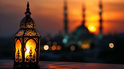 A beautiful illuminated lantern sits on a table with an out of focus cityscape and mosque in the background.