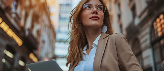 A young businesswoman in a professional suit and glasses confidently holds a book in her hands, showcasing her passion for learning and knowledge. Her determined expression reflects her dedication to