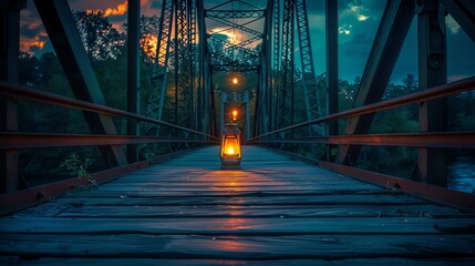 A glowing lantern sits on a wooden bridge at night, casting a warm glow on the surroundings. - obrazy, fototapety, plakaty