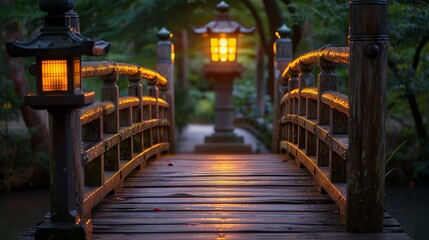 A wooden bridge with a stone lantern in the background. The bridge is surrounded by trees and...