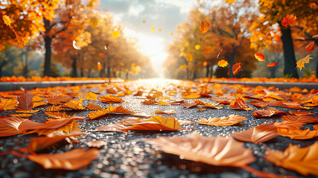 Autumn Rain in Colorful Forest, Seasonal Fall Road with Vibrant Leaves, Natures Beauty in Park, Golden Foliage and Wet Ground, Scenic Outdoor Pathway in October
