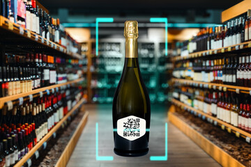 Composite photo of light blue scanning light scans qr-code on bottle of champagne on liquor store...