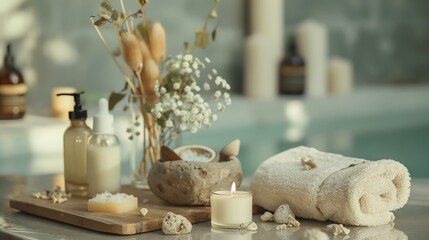Bath products and flowers on a wooden table with blurred bathroom interior in the background.