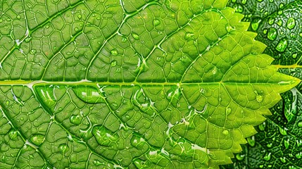 Raindrops on a leaf. The veins of the leaf are clearly visible. The raindrops are spherical and reflect the light.