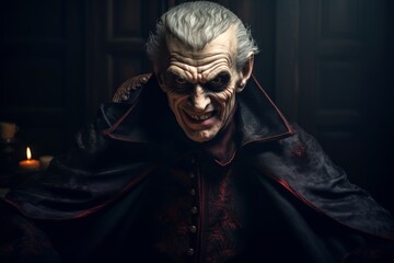 Vampire with gnarled features and sunken eyes, of Transylvanian descent, lurking in the shadows of a decrepit mansion, his twisted grin revealing rows of sharp fangs. Low key lighting 