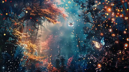Mystical forest with glowing mushrooms and flying butterflies. Glowing fireflies in the night. Magical and enchanting atmosphere.