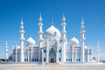 Fototapeta na wymiar An ornately decorated mosque standing proudly against the backdrop of a clear blue sky, ready to welcome worshippers for Eid al-Fitr prayers