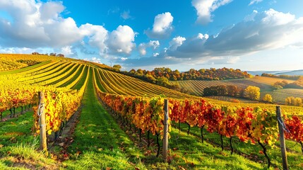 Rows of grape vines with colorful leaves in autumn. The rolling hills of a vineyard in the distance.