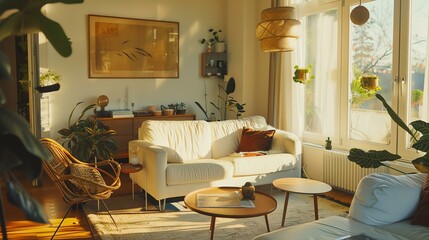 A bright and airy living room with a large white sofa, two coffee tables, a wicker chair, and a variety of plants.