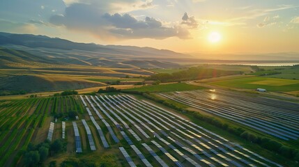 A solar farm is seen in a rural area. The sun is setting behind the mountains in the distance.