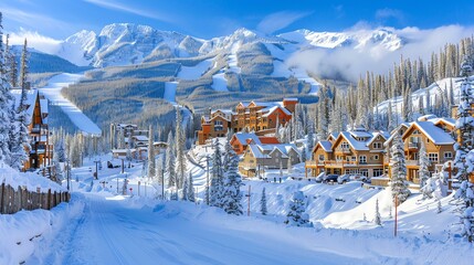A beautiful winter landscape of a ski resort in the mountains. The sky is clear and blue, and the sun is shining brightly. - obrazy, fototapety, plakaty