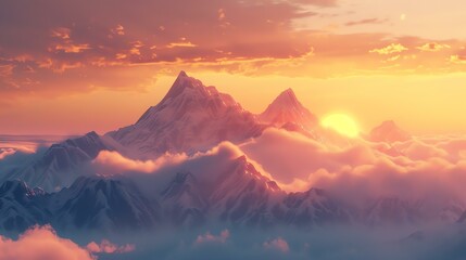 The mountain is glowing in the sunset. The clouds are pink and orange. The sky looks soft and fluffy. The mountain looks strong and protective. - obrazy, fototapety, plakaty