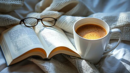 The soft morning light is shining through the window, illuminating the open book and the cup of coffee on the white blanket.