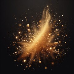 Golden scattered dust powder gracefully falls on a black background, setting a festive tone for Christmas. Vector illustration with a captivating shine.