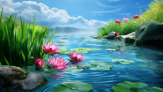 pond with flowers, seamless looping 4k animation video background 