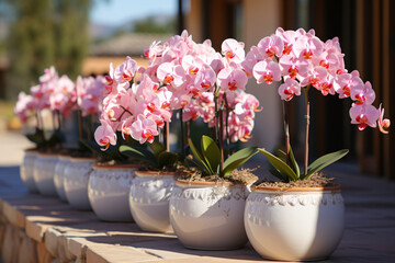 Orchids in flower pots in the front yard of the house