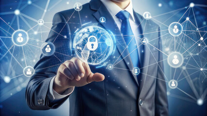 Fototapeta premium Global Telecommunications Security: Businessman Engages with Network Icon in Connected Era