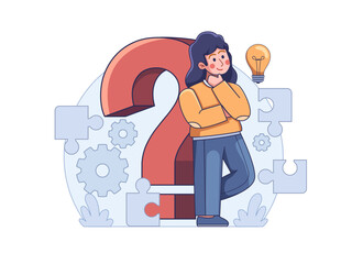 Illustration of a person leaning on a giant question mark with a look of confusion and wonder, pondering solutions and ideas. This symbolizes the process of problem-solving and creative thinking. 