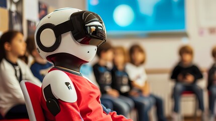 A robot dressed as a student attends a class, representing the cutting-edge of educational technology. The vibrant classroom setting emphasizes the evolving face of learning with robots among humans