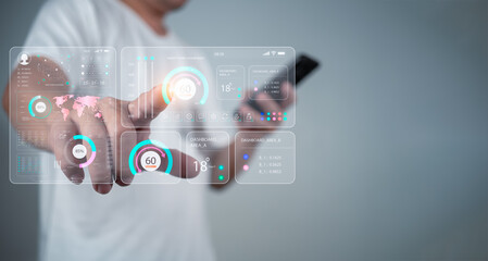 Human pointing fingers to use smart applications, Smart home concept, Smart home Automation Control System, Smart home dashboard interface control connected devices and set up automations.
