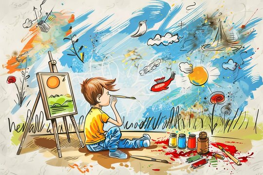 Cartoon cute doodles of a kid daydreaming about becoming a famous artist and painting beautiful masterpieces, Generative AI