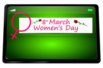 Tablet computer with International Women's Day Banner - 8 March - 3D illustration - 747826539