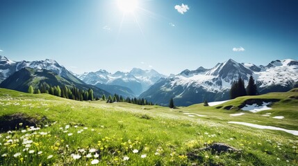 Serene Springtime: Alpine Meadows in Bloom, Canon RF 50mm Capture - obrazy, fototapety, plakaty