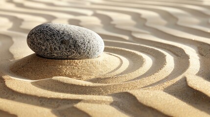 The image is a close-up of a Zen garden with a single rock placed on a bed of sand. The sand is raked in a pattern of concentric circles.