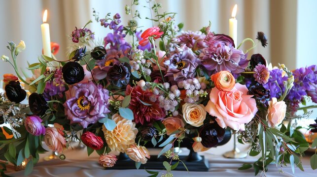 A beautiful centerpiece of flowers in various shades of purple, pink, and orange.