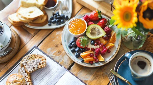 A beautiful spread of food on a wooden table including coffee, toast, fruit, and pastries.