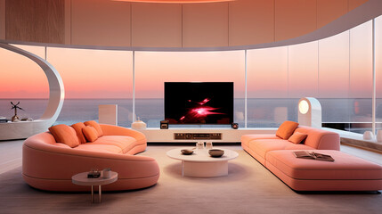 Modern hi-tech living room interior in coral tones with a panoramic window overlooking the ocean. Futuristic interior of the future. 3D visualization of the living room
