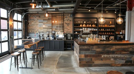 Rustic coffee shop interior with wood and brick accents. The space is decorated with Edison bulbs and vintage furniture. - obrazy, fototapety, plakaty