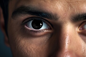 Close-up portrait of a man with deep black contact lenses, lending his gaze a mysterious and captivating allure
