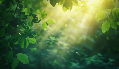 Sunlight Filtering Through Fresh Green Leaves in a Peaceful Forest - Nature Background - obrazy, fototapety, plakaty