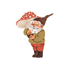 Happy dwarf in cap stands, holds fly agaric. Cute garden gnome carries big mushroom. Old fairytale bearded gardener with autumn forest harvest. Flat isolated vector illustration on white background