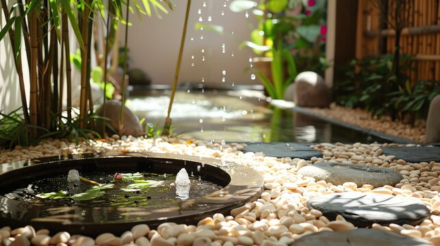 Pebbles and plants surround a small pond with a gentle water feature. The sound of the trickling water is soothing and relaxing.