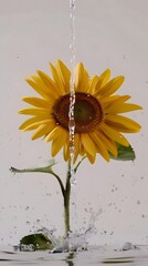 A delicate sunflower being drenched in water, creating an aesthetic contrast between the softness of the flower and the dynamic splashes of water.