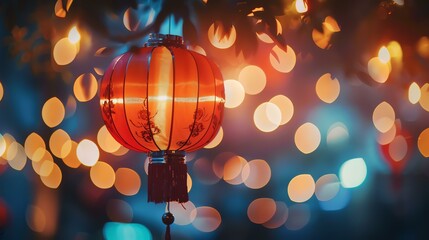 A red paper lantern with a glowing light inside hangs from a branch of a tree. The lantern is surrounded by out-of-focus lights.