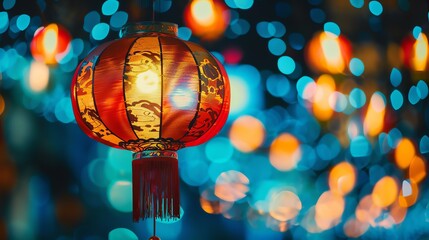 A beautiful red and gold Chinese lantern glows against a backdrop of out-of-focus lights. - obrazy, fototapety, plakaty