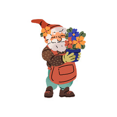 Happy garden gnome holds ceramic flowerpot of flowers. Cute dwarf in cap with houseplant. Old gardener with plants. Fairytale bearded character smiles. Flat isolated vector illustration on white