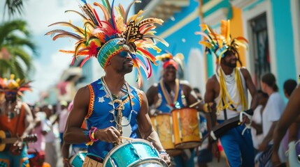 A group of people in colorful costumes are dancing and playing drums in a parade.