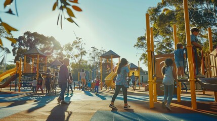 Children playing on a playground on a sunny day. The playground is full of bright colors and different structures for the children to play on. - obrazy, fototapety, plakaty