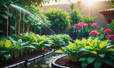 Sunlit Garden Watering Vibrant Green Plants