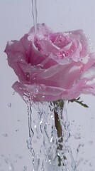  A delicate pink rose being drenched in water, creating an aesthetic contrast between the softness of the flower and the dynamic splashes of water. 