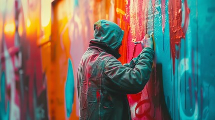 A graffiti artist wearing a green jacket and black beanie is busy at work, spray-painting a wall...