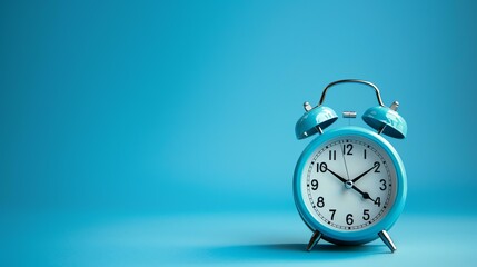 A blue alarm clock is sitting on a blue background. The clock is in focus and the background is blurred.